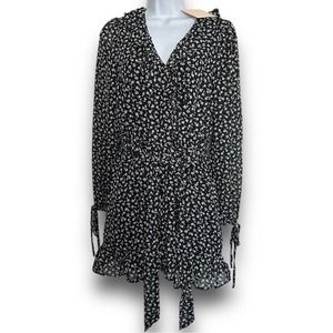 NWT Kittenish Floral Dress, Faux Wrap, Black and White, Tie Waist, V-Neck, Med